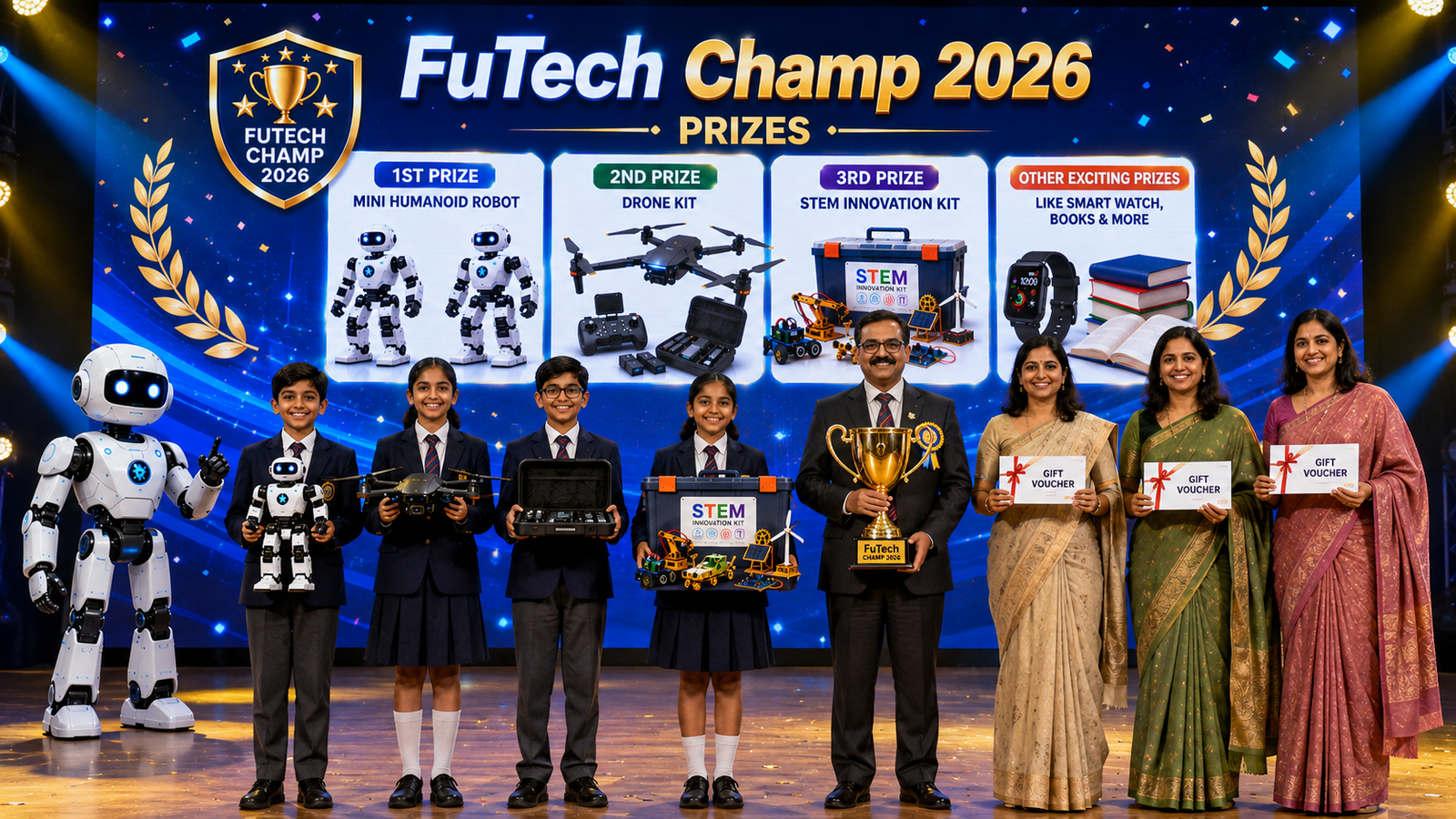School students and teachers celebrating technology achievement