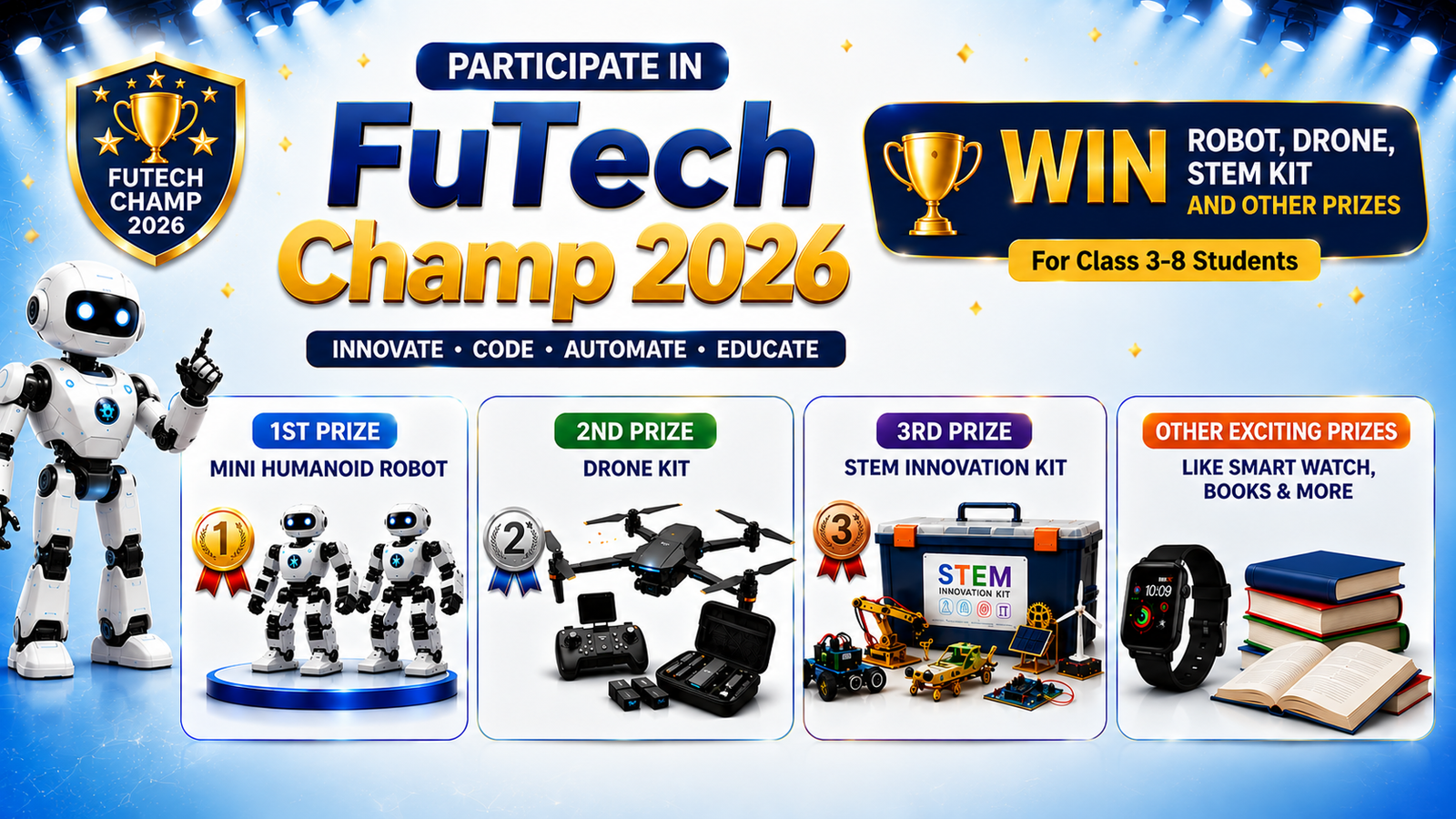 Humanoid robot drone and STEM innovation kit prizes